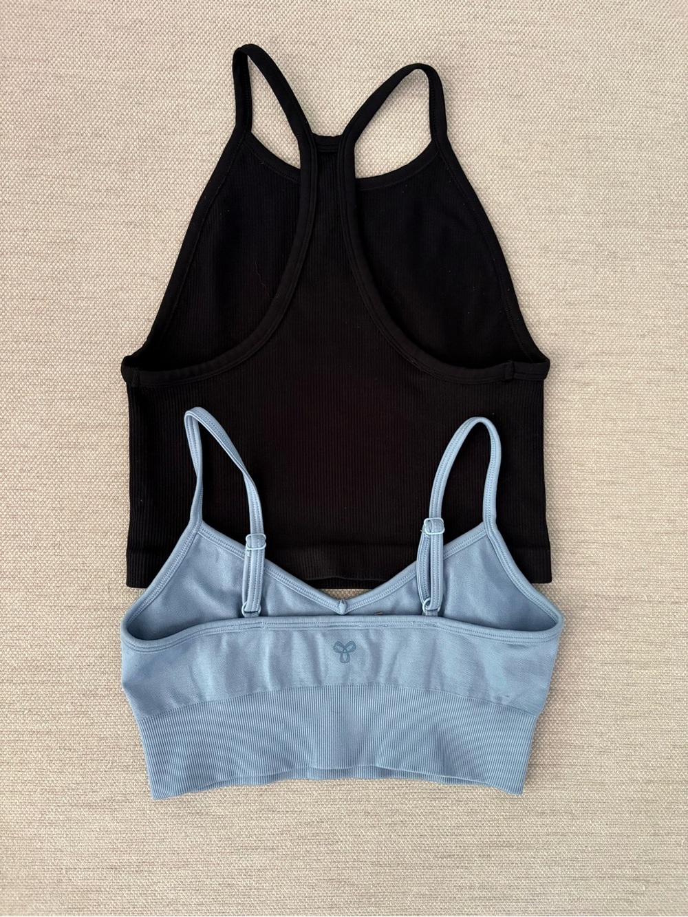 TNA Aritzia - Black Ribbed Tank Top (Small) & Light Blue Sports Bra (XS)